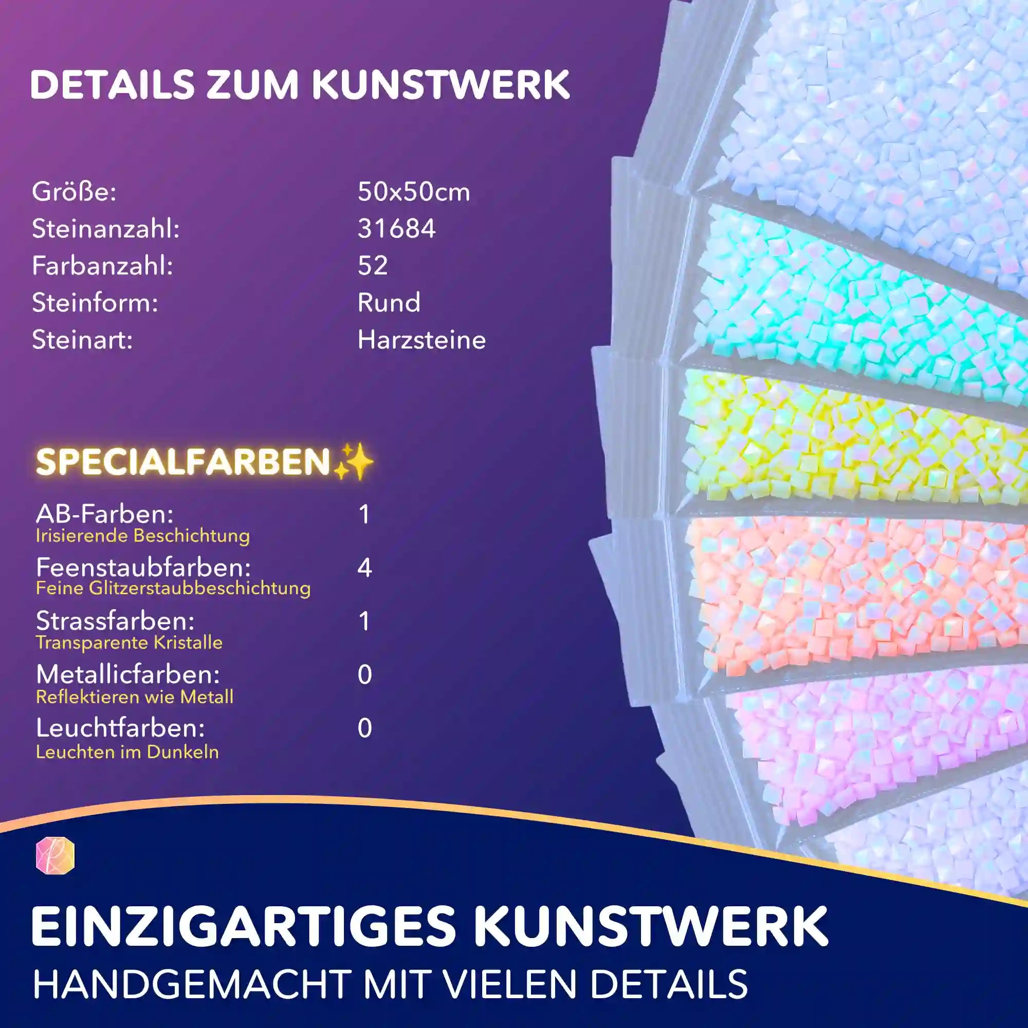 Diamond Painting Set Details mit 50x50cm Leinwand, 52 Farben inkl. irisierenden AB-Steinen und glitzernden Feenstaub-Diamanten.