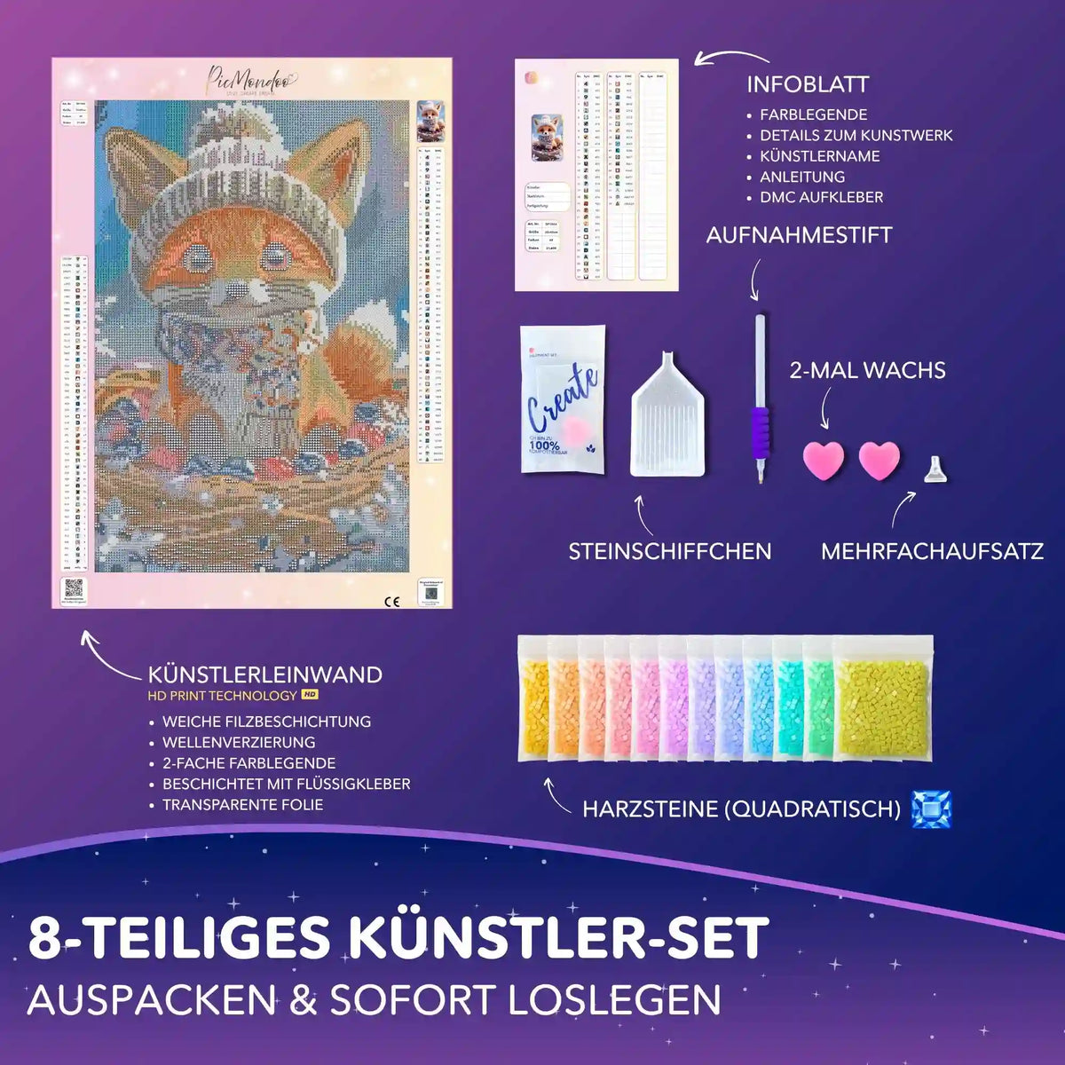 Picmondoo Diamond Painting Set Fuchs Tavi: Leinwand mit Wintermotiv, bunten eckigen Steinen und Zubehör.