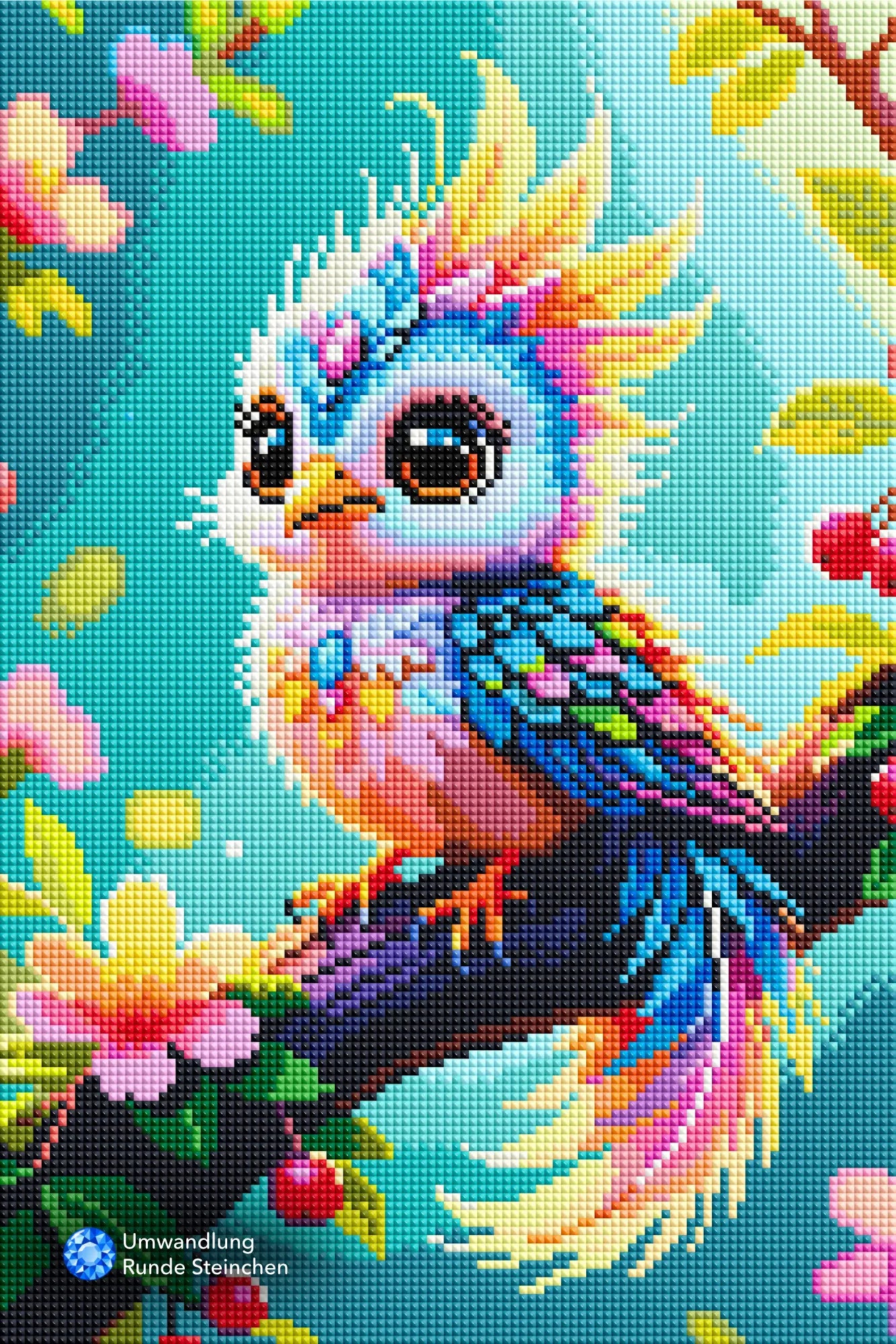 Diamond Painting Set Farbenkind: Bunter Fantasievogel mit großen Augen auf blühendem Ast mit runden Glitzersteinen