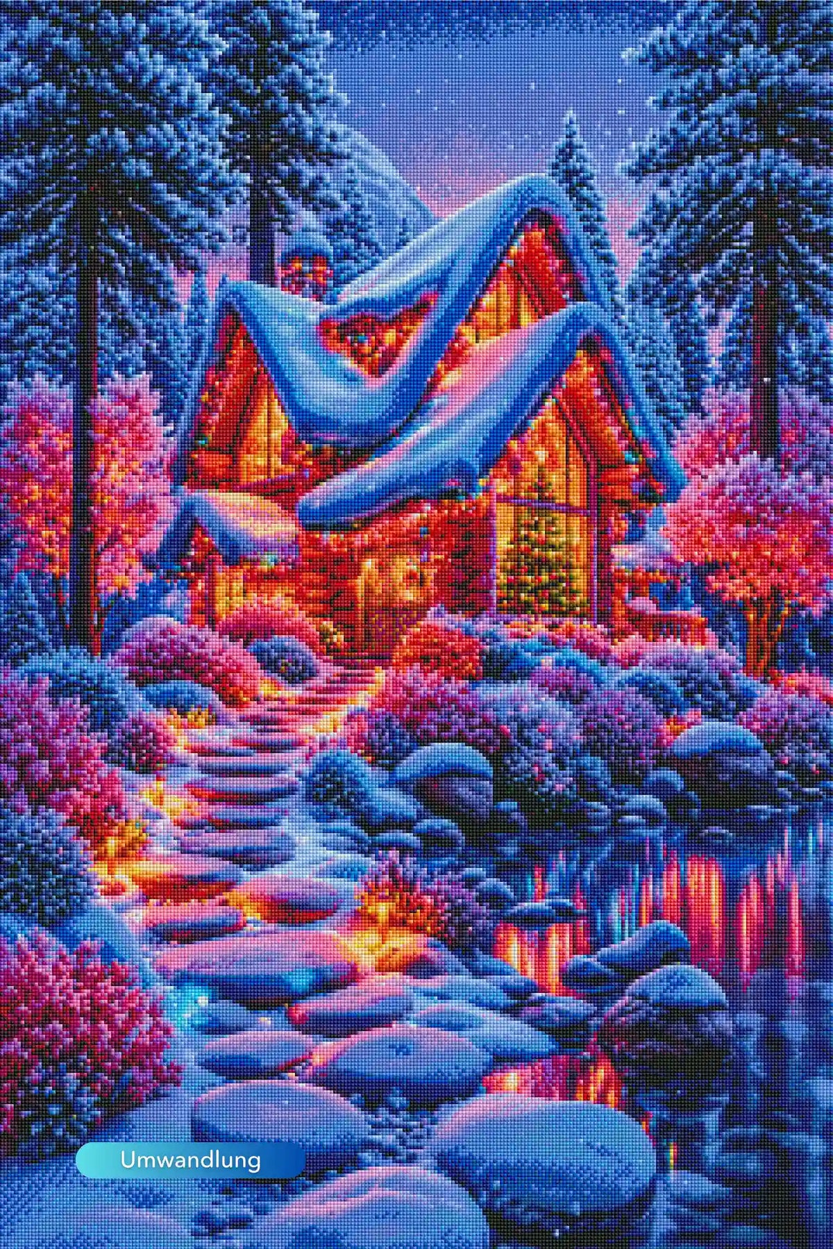 XXL Diamond Painting Weihnachten im Lichterwald mit verschneiter Holzhütte, leuchtendem Weihnachtsbaum und Winterlandschaft