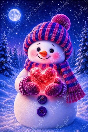 Diamond Painting Winterherz: Niedlicher Schneemann hält ein leuchtendes Kristallherz in verschneiter Winternacht.
