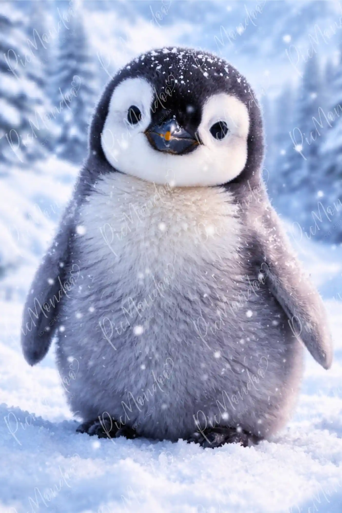 Diamond Painting Motiv: Süßes flauschiges Pinguinküken im Schneefall einer verschneiten Winterlandschaft