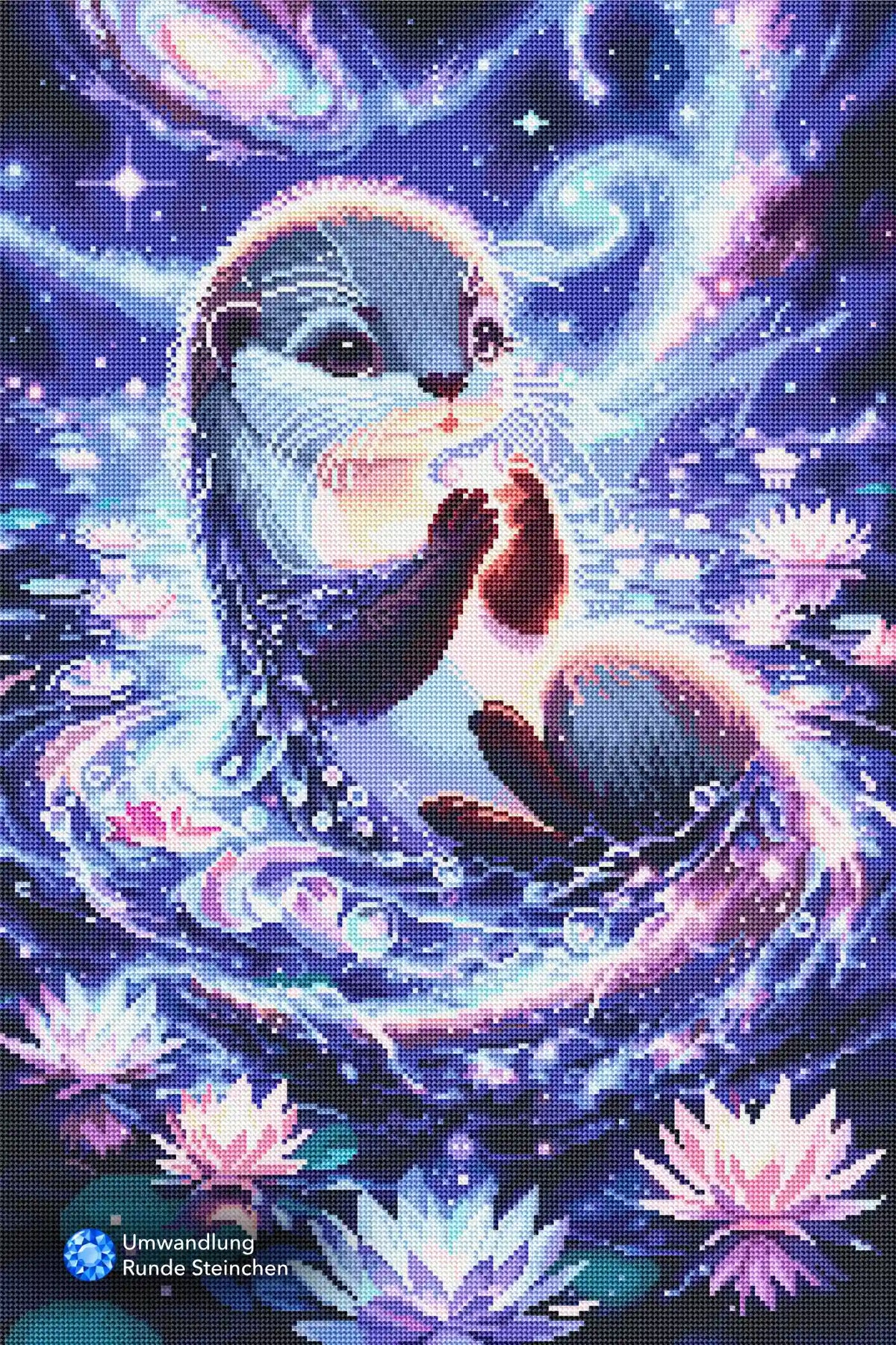 Diamond Painting Set Hüterin der Sterne: süßer Otter im nächtlichen Sternenhimmel mit leuchtenden Lotusblüten im Wasser.