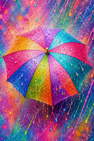 Diamond Painting Set: Bunter Regenschirm in Regenbogenfarben mit leuchtenden Regentropfen und Farbspritzern
