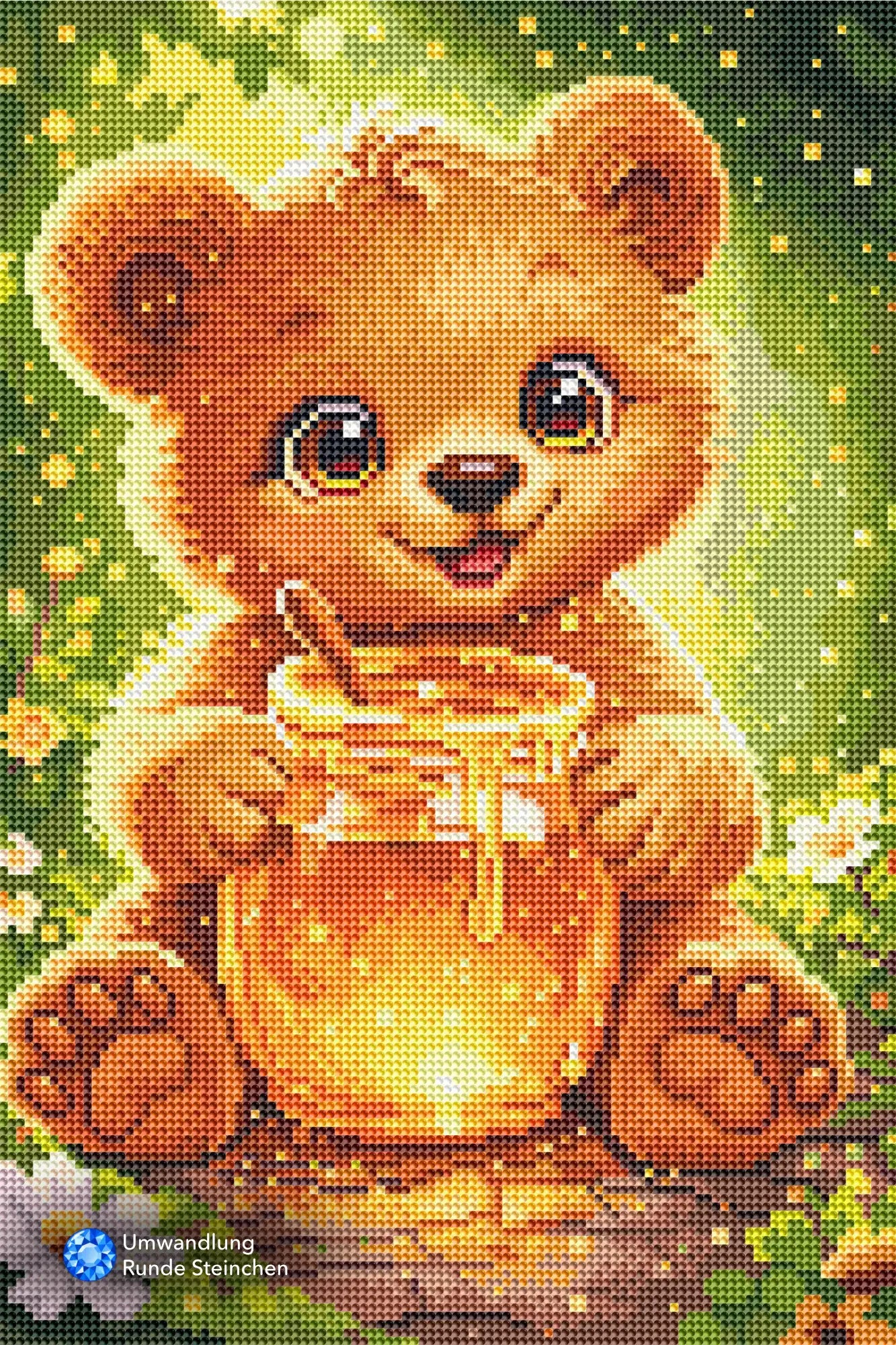 Niedliches Diamond Painting Set mit Teddybär, Honigtopf und Blumen vor leuchtendem Waldhintergrund