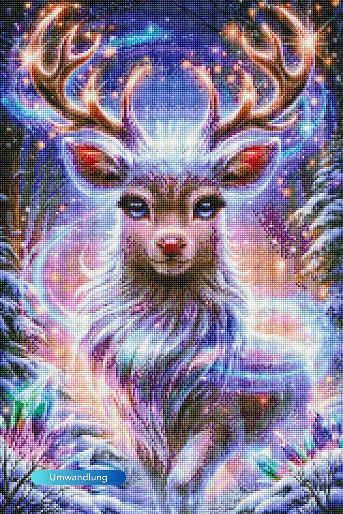 Diamond Painting Set Magie des Winterwaldes mit Rentier, Kristallen und leuchtenden Farben im magischen Tannenwald-Design