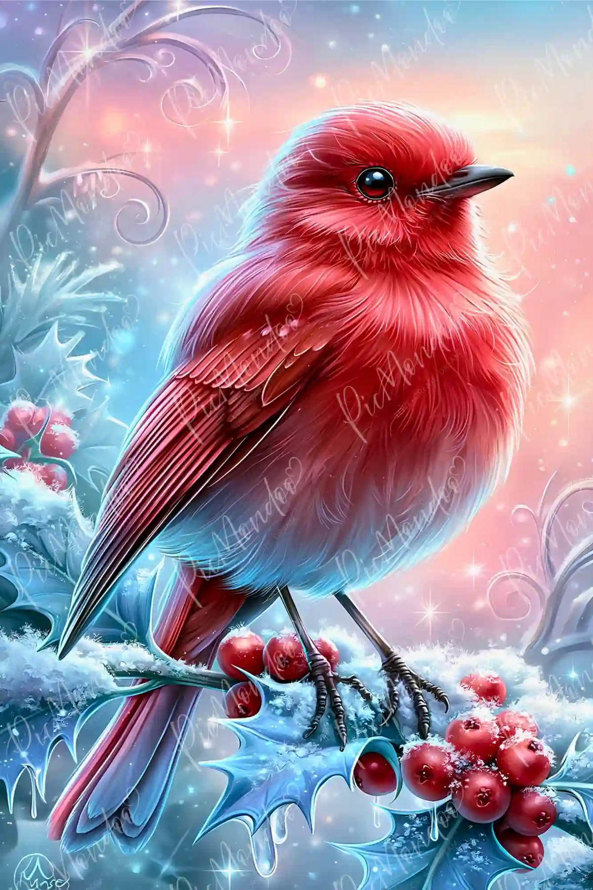Diamond Painting Motiv: Roter Vogel auf verschneitem Stechpalmenzweig mit Beeren im Winterfrost
