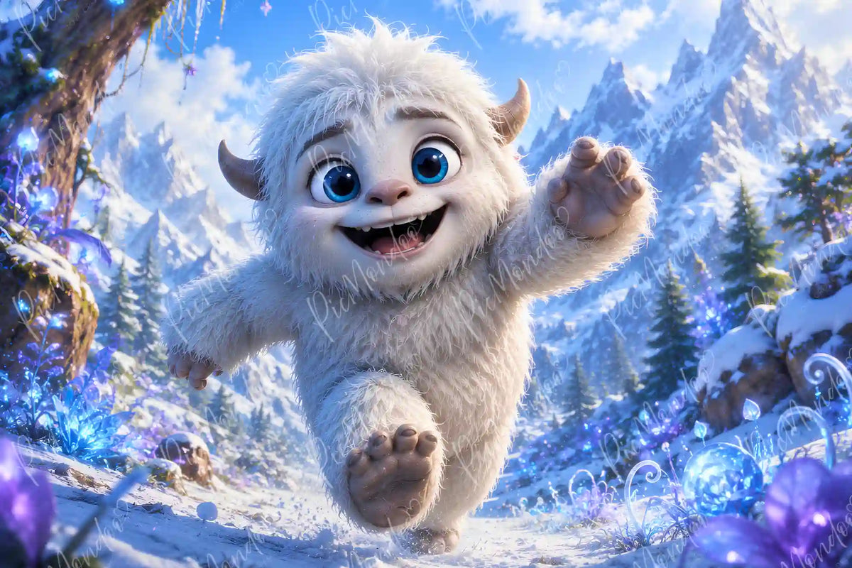 Diamond Painting Motiv: Niedlicher flauschiger Yeti läuft fröhlich durch eine verschneite Winterlandschaft.
