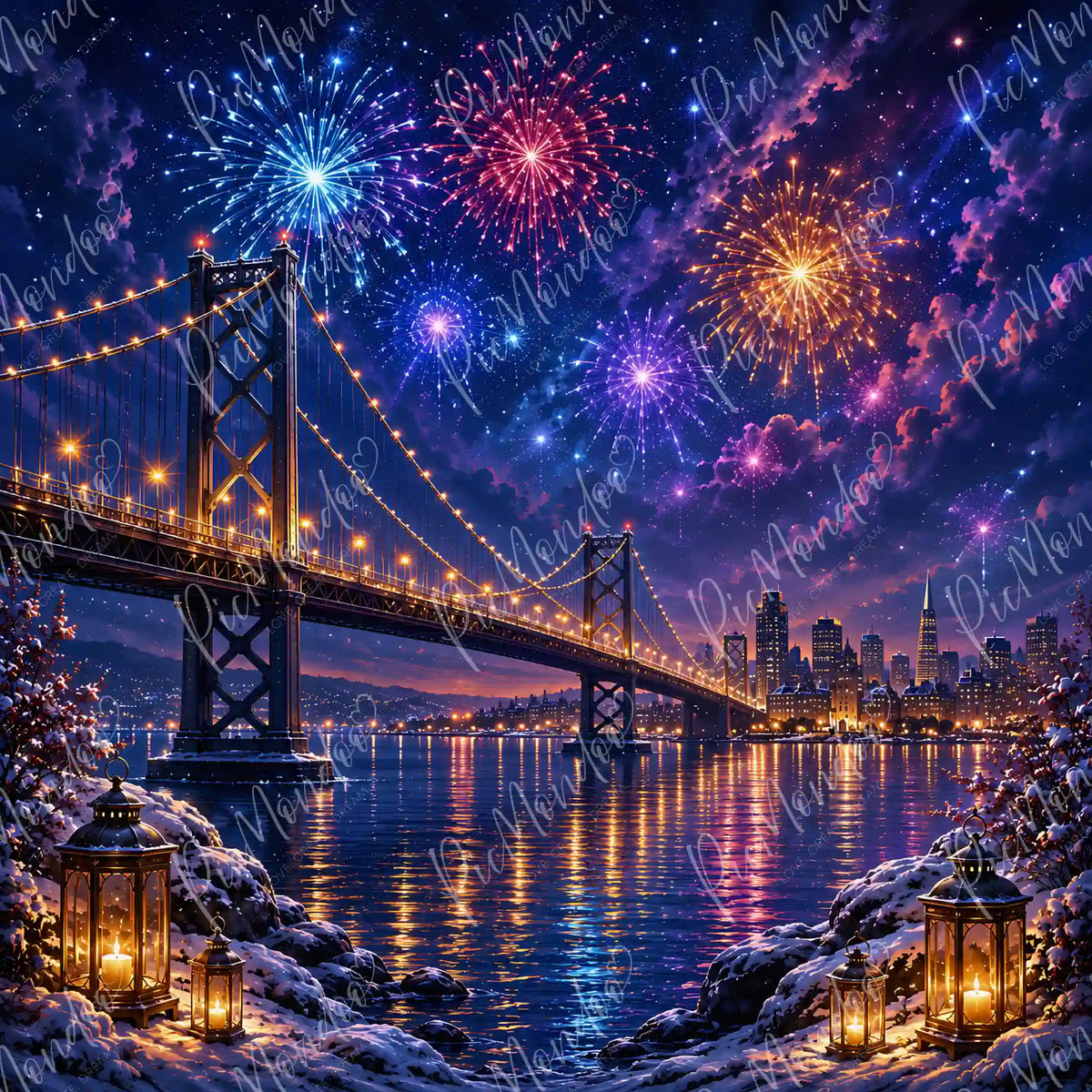 Diamond Painting: Beleuchtete Brücke & Skyline mit buntem Silvester-Feuerwerk über verschneitem Ufer