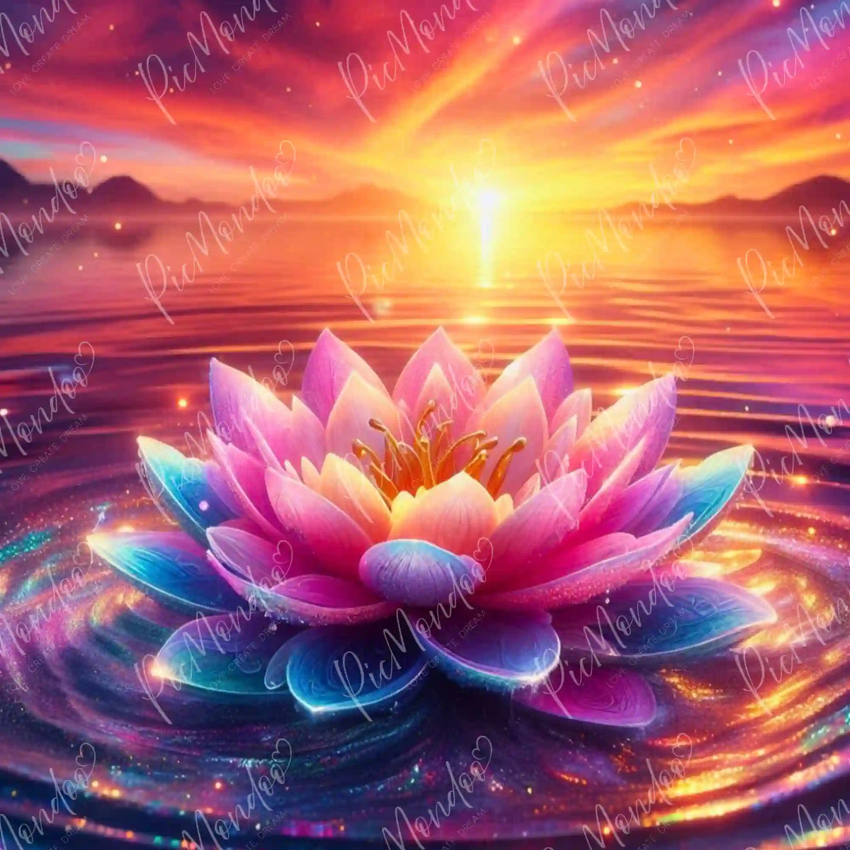 Diamond Painting Motiv: Leuchtende rosa Lotusblume auf glitzerndem See bei Sonnenuntergang