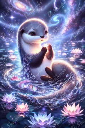 Diamond Painting Hüterin der Sterne: Süßer Otter mit leuchtendem Stern im Wasser zwischen Seerosen und Galaxie.