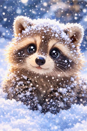 Diamond Painting Motiv: Niedlicher Waschbär im Schnee mit glitzernden Schneeflocken auf dem Fell.