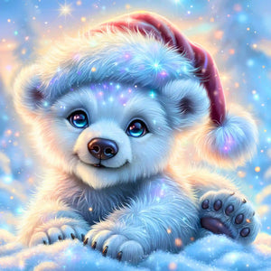 Diamond Painting Set mit niedlichem Eisbär-Baby mit Weihnachtsmütze im funkelnden Winterzauber