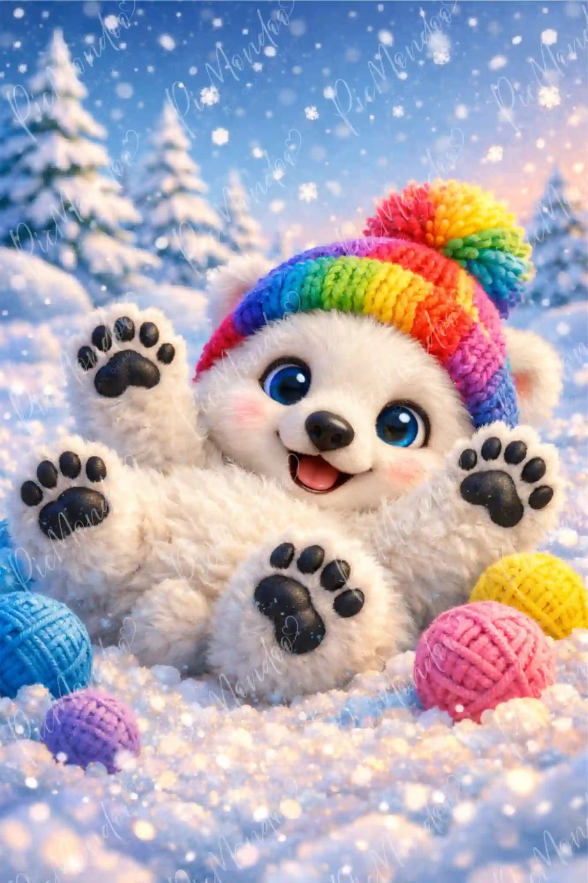 Diamond Painting Winterfreude: Süßer Eisbär mit bunter Strickmütze und Wollknäueln im Schnee