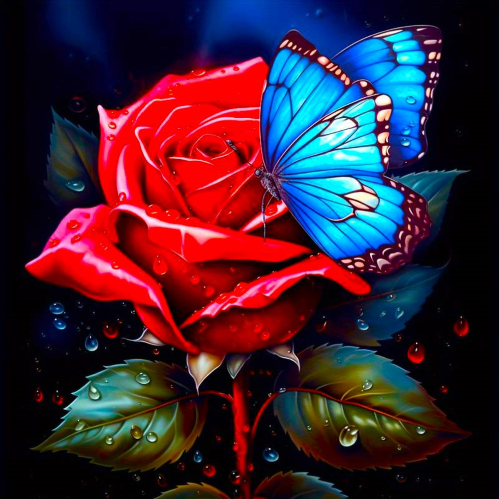 Diamond Painting - Rote Rose trifft blauen Schmetterling