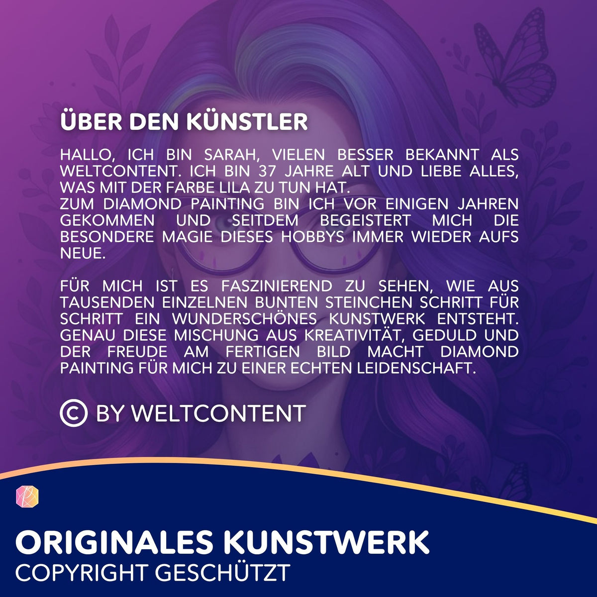 Künstlerinfo Weltcontent mit lila Porträt zum Diamond Painting Set Winterpieps