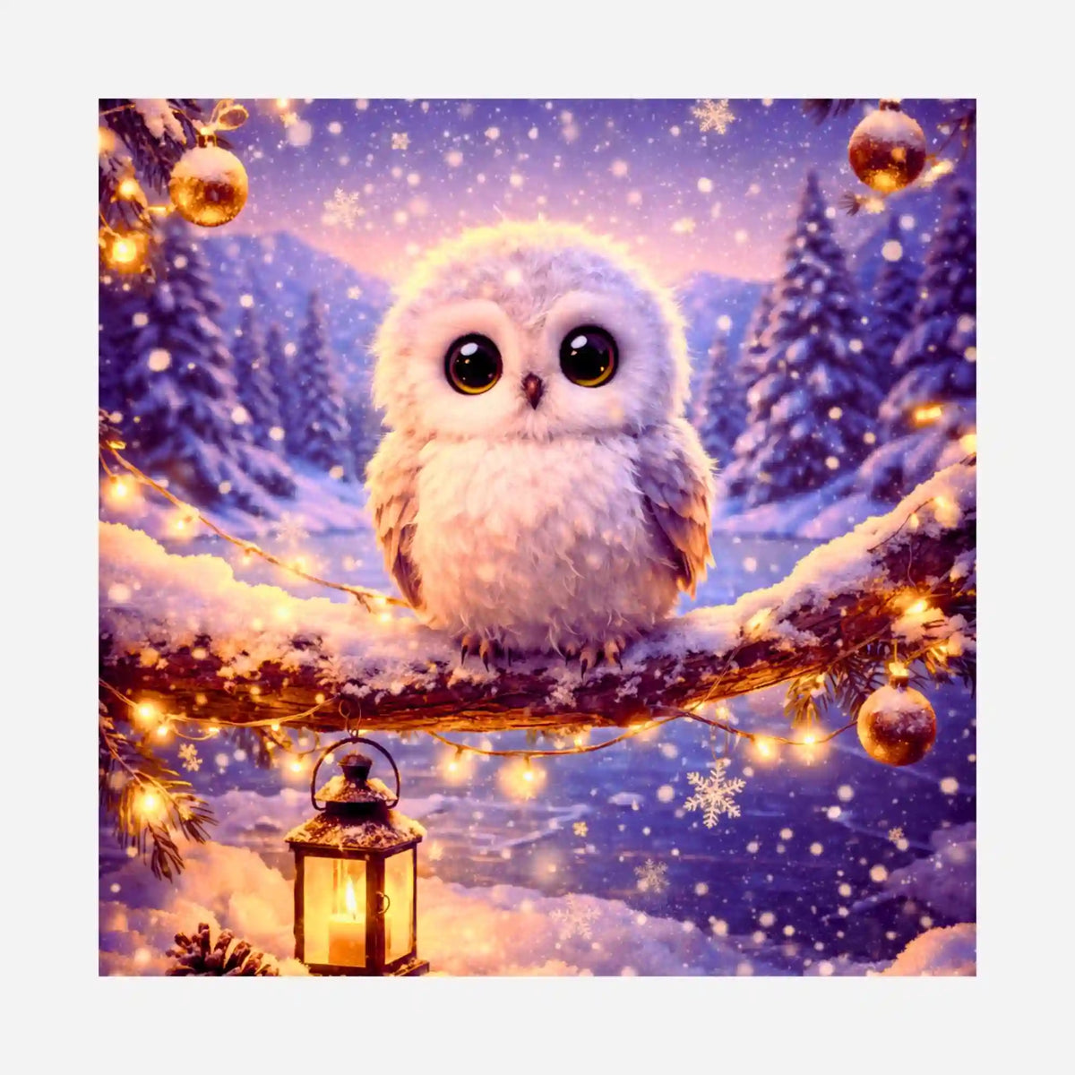 Diamond Painting Motiv: Süße weiße Eule auf verschneitem Ast mit Lichterkette und Laterne im Winter