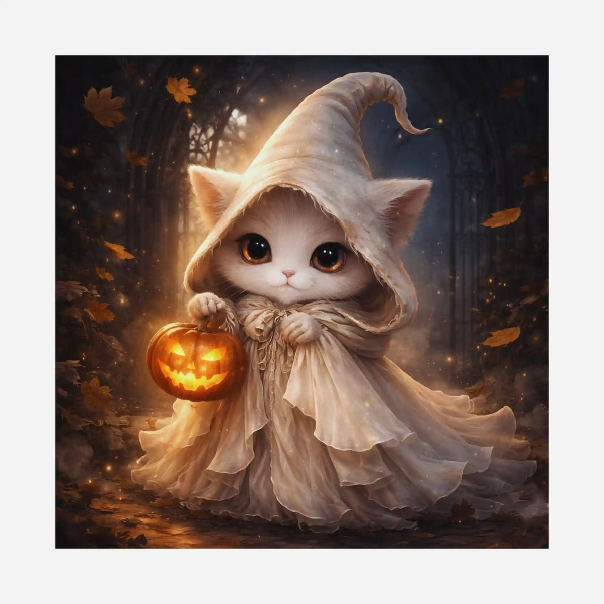 Diamond Painting Motiv: Süße weiße Katze im Geisterkostüm mit leuchtendem Kürbis zu Halloween