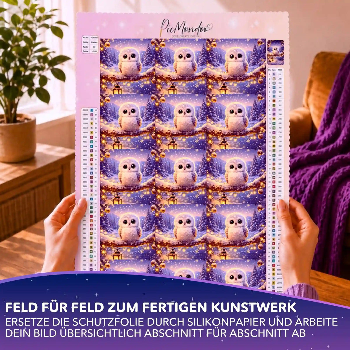 Picmondoo Silikonpapier Set für Diamond Painting mit winterlichem Eulen-Motiv auf der Leinwand