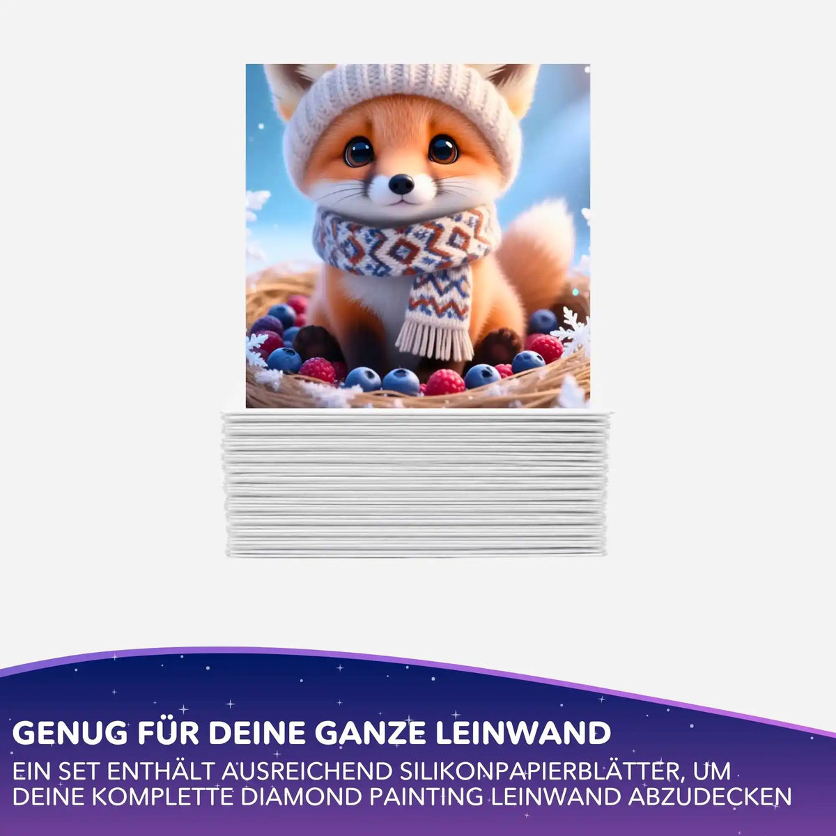 Picmondoo Silikonpapier-Set für Diamond Painting mit winterlichem Fuchs Tavi zum Abdecken der Leinwand.