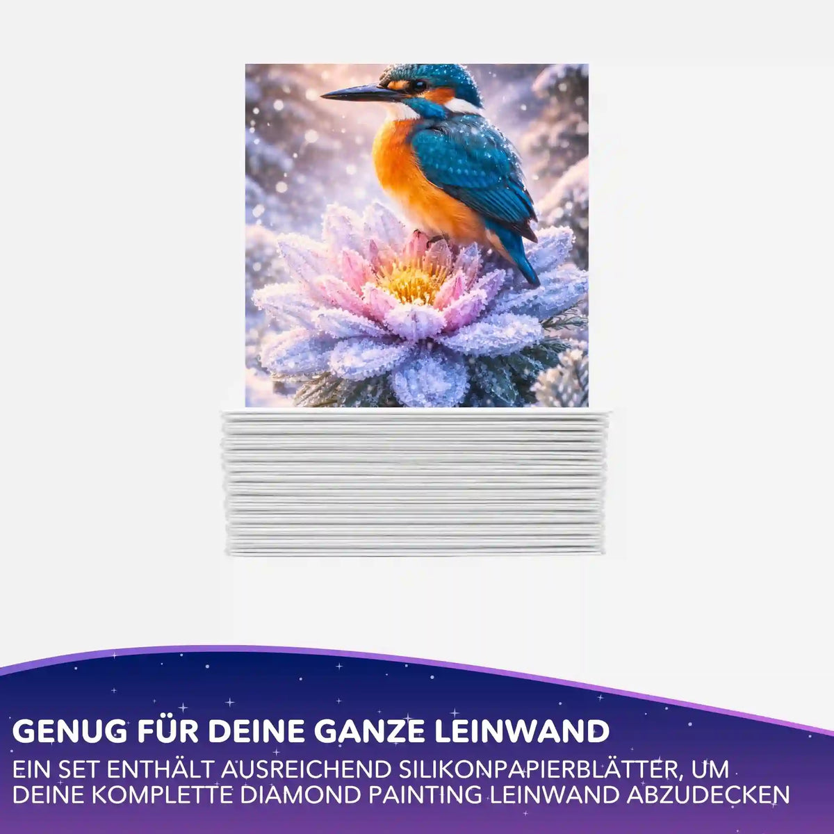 Diamond Painting Silikonpapier Set mit Eisvogel auf vereister Blüte für die Leinwand-Abdeckung