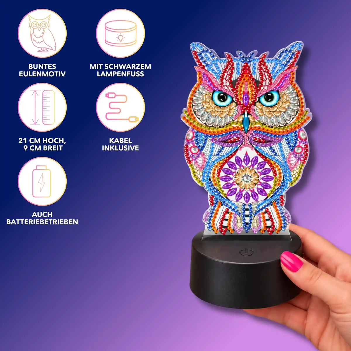 Picmondoo Diamond Painting LED Lampe Eule mit funkelnden Glitzersteinen auf schwarzem Sockel