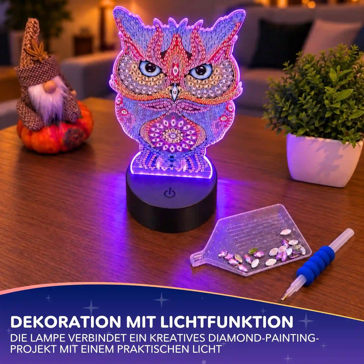 Diamond Painting LED Lampe Eule: Beleuchtete Deko mit Glitzersteinen und DIY-Zubehör
