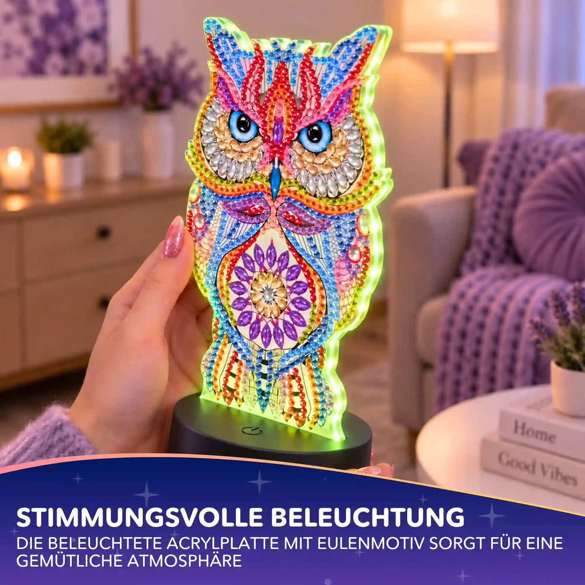 Diamond Painting LED Lampe Eule mit bunten Glitzersteinen als leuchtendes DIY Nachtlicht