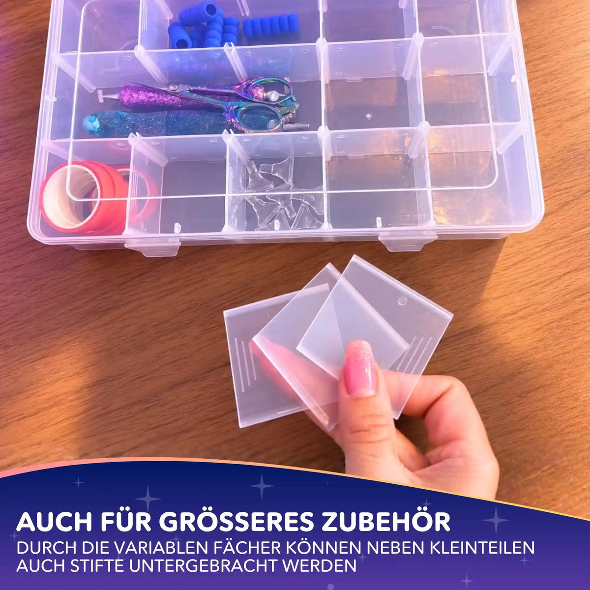 Transparente Diamond Painting Aufbewahrungsbox mit flexiblen Fächern für Bastelzubehör und Stifte