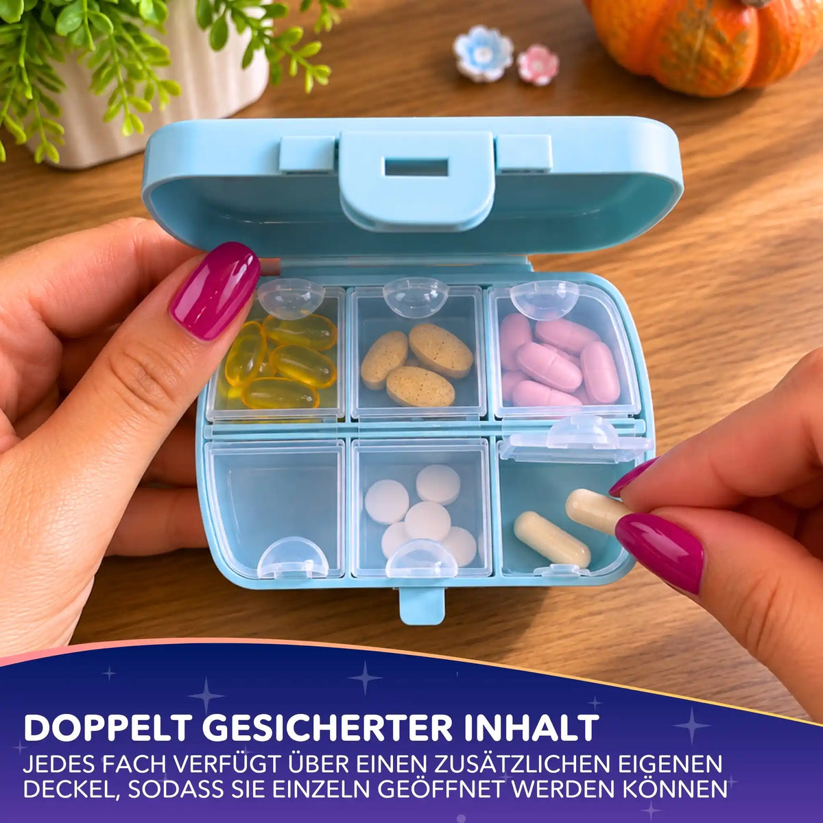 Geöffnete Picmondoo Diamond Painting Pillenbox mit 6 Fächern für Tabletten und Vitamine.