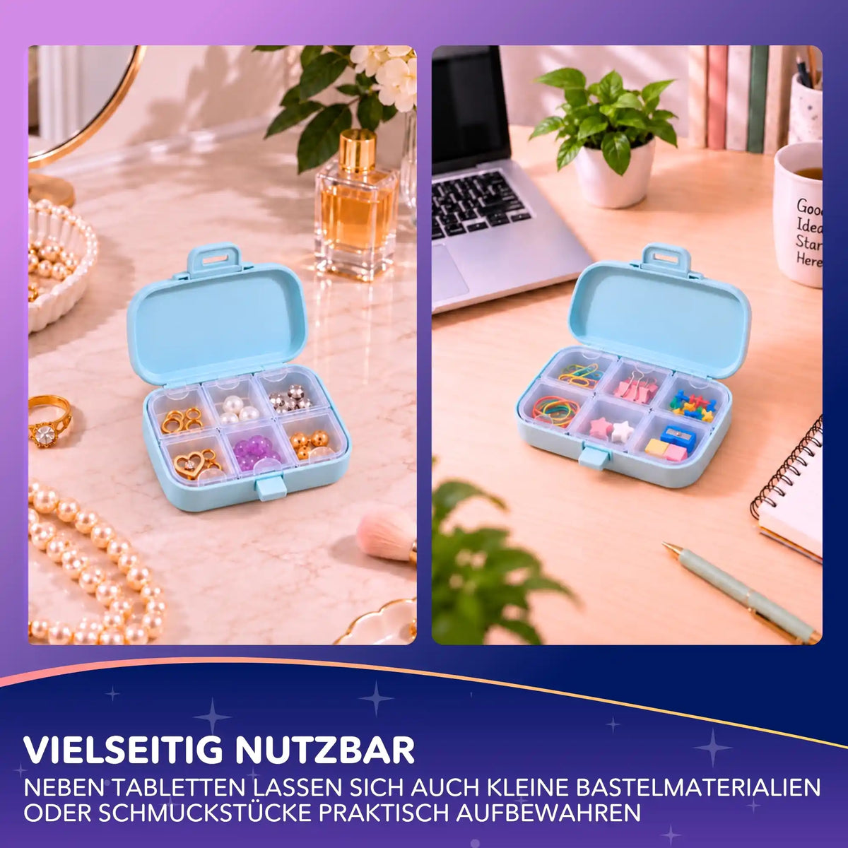 Hellblaue Diamond Painting Pillenbox geöffnet als praktischer Organizer für Schmuck, Perlen und Bastelzubehör.