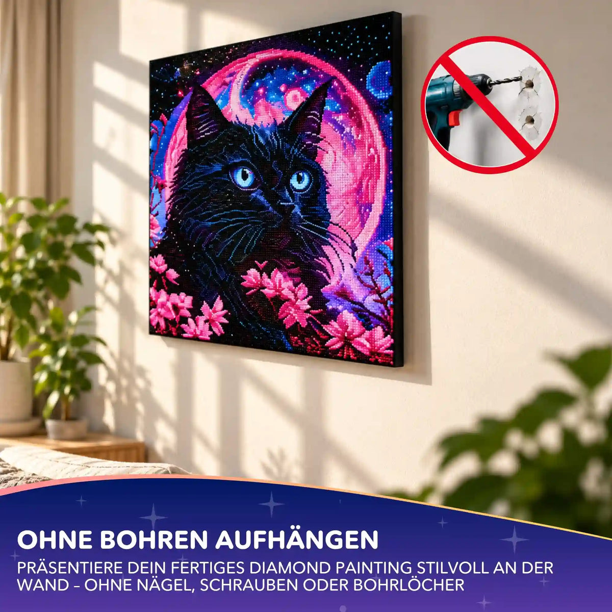 Diamond Painting Wandaufhängung ohne Bohren: Buntes Katzen-Kunstwerk stilvoll an der Wand befestigt.