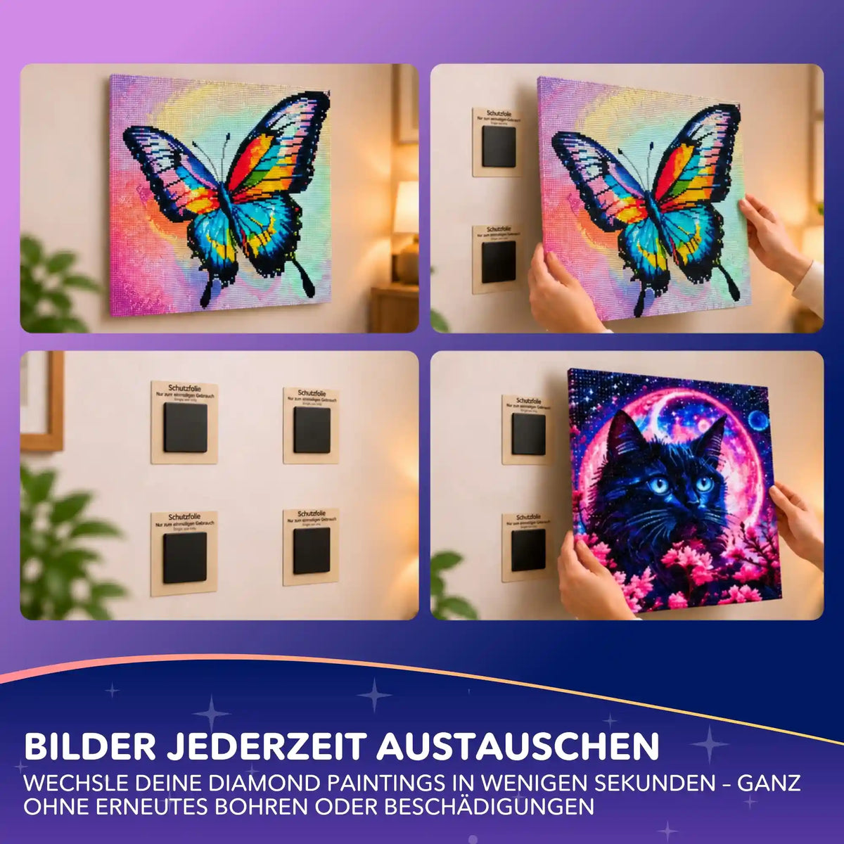 Magnetische Diamond Painting Wandaufhängung ohne Bohren: Leinwände mit Schmetterling und Katze einfach austauschen.