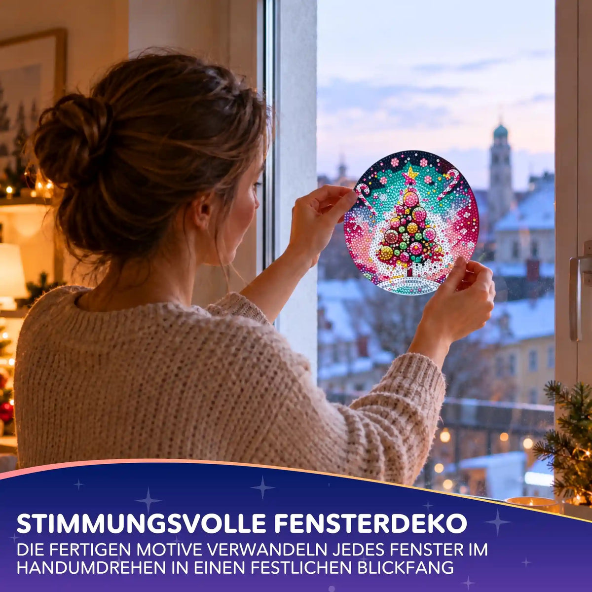 Rundes Diamond Painting Fensterbild mit buntem Weihnachtsbaum als funkelnde Fensterdeko für Weihnachten.