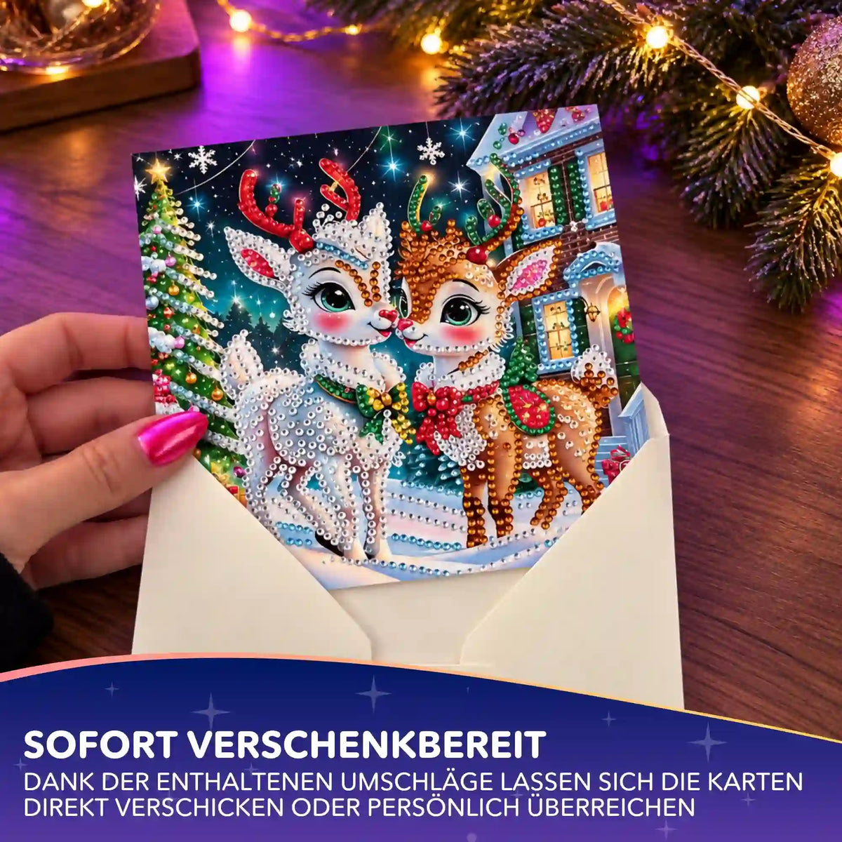 Diamond Painting Weihnachtskarte mit zwei funkelnden Rentieren aus Glitzersteinen im Umschlag