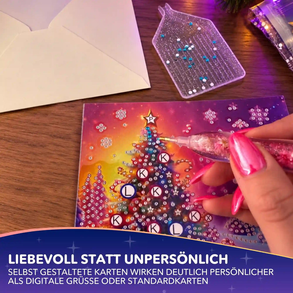 Diamond Painting Weihnachtskarte: Weihnachtsbaum-Motiv wird mit bunten Glitzersteinen und Applikator-Stift verziert.