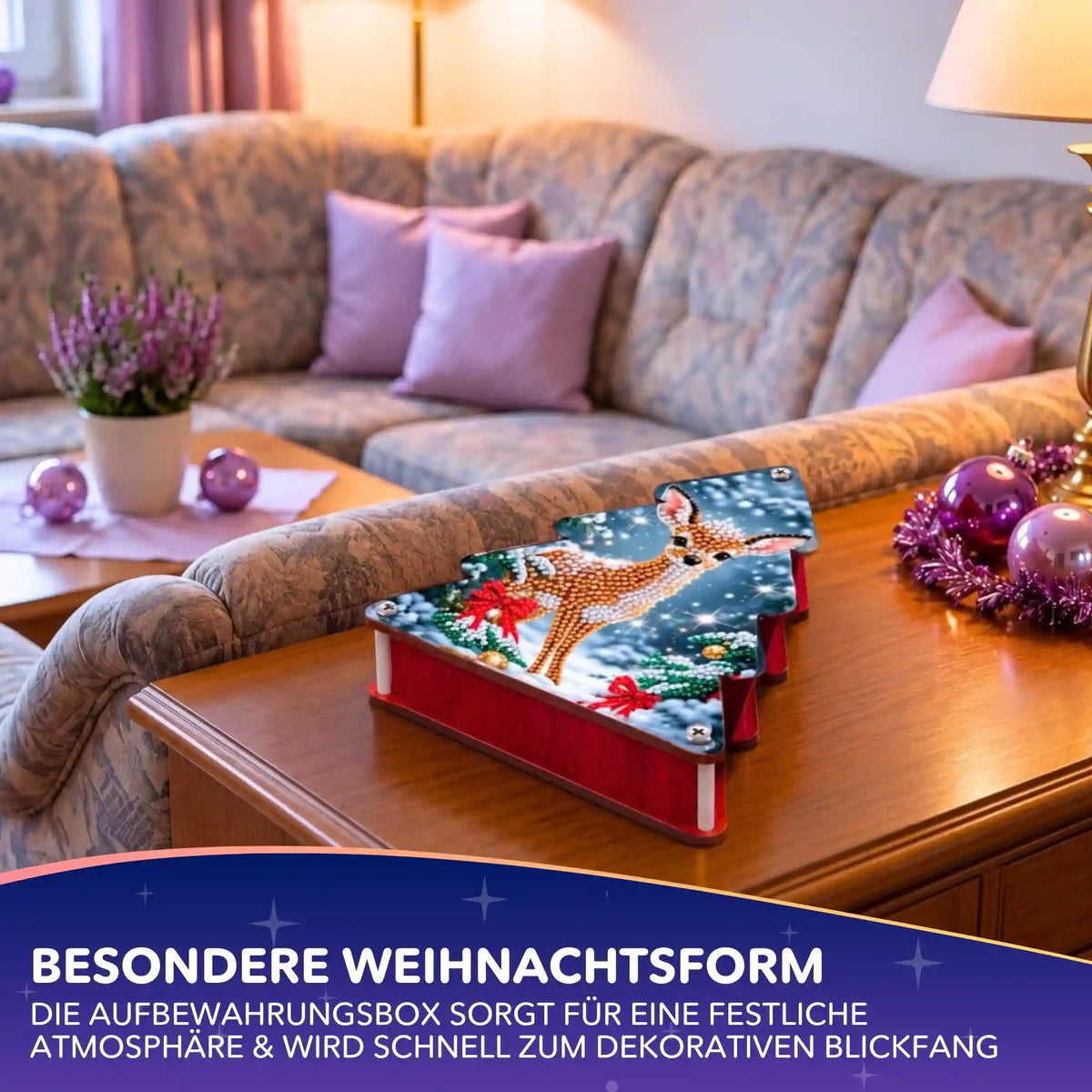 Diamond Painting Aufbewahrungsbox Weihnachtsreh in Tannenbaumform als funkelnde DIY Weihnachtsdeko