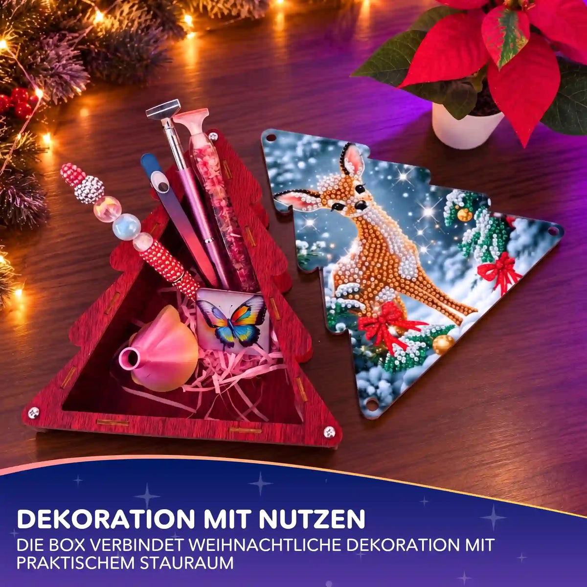 Diamond Painting Aufbewahrungsbox Weihnachtsbaum mit funkelndem Weihnachtsreh und Bastelzubehör