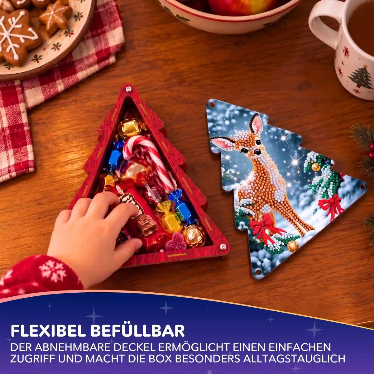 Diamond Painting Aufbewahrungsbox Weihnachtsreh: Tannenbaum-Box mit funkelndem Deckel und Süßigkeiten.