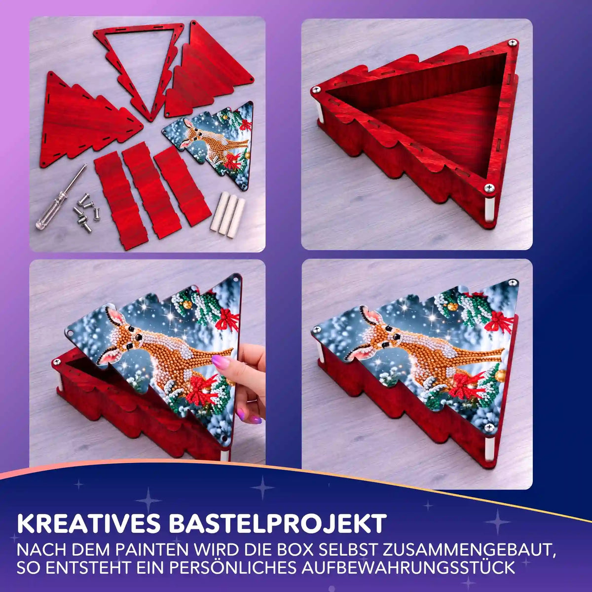 DIY Diamond Painting Aufbewahrungsbox in Baumform mit funkelndem Weihnachtsreh-Deckel zum Zusammenbauen.