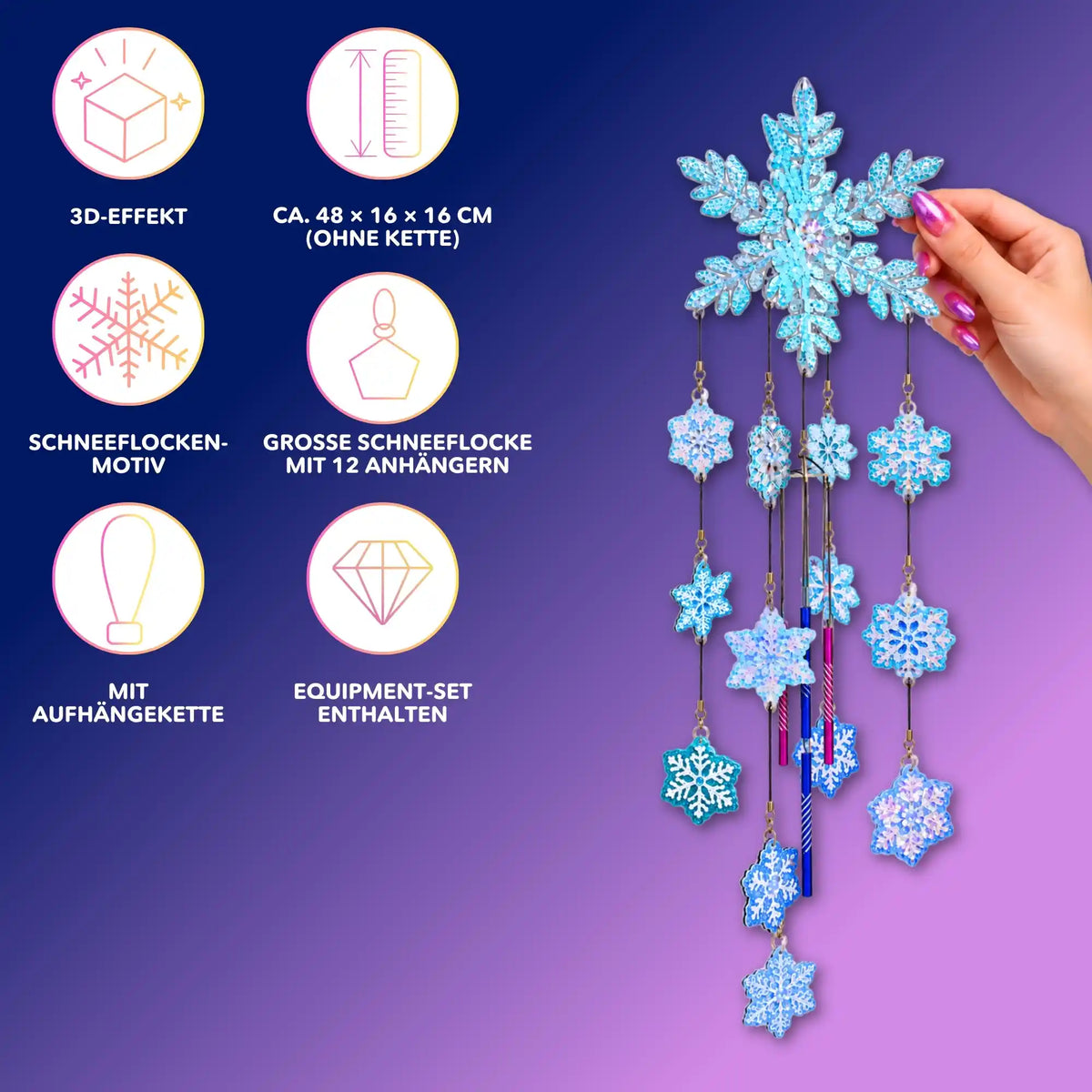 Diamond Painting Windspiel mit glitzernden blauen Schneeflocken-Anhängern für funkelnde Winterdeko.