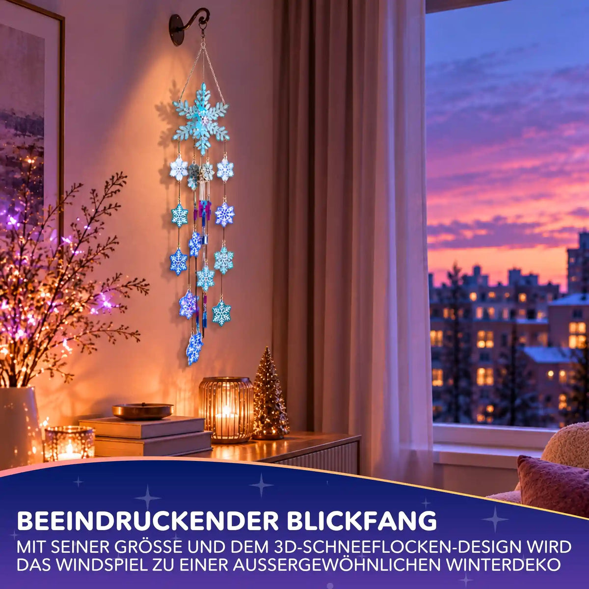 Funkelndes Diamond Painting Windspiel mit blauen Schneeflocken als dekorative Winterdeko an der Wand.