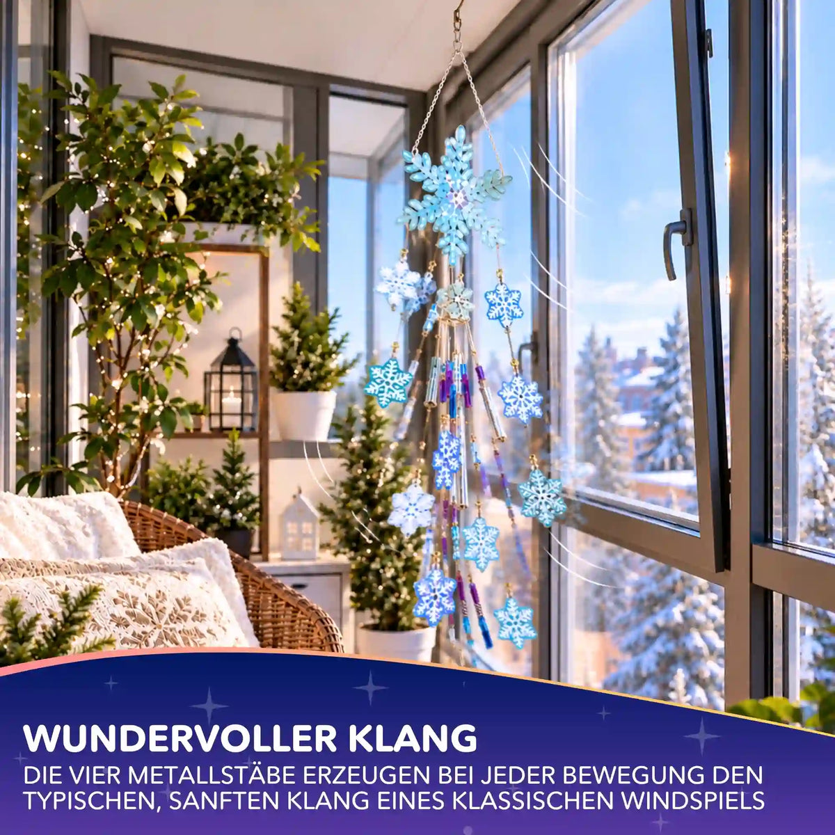 Diamond Painting Windspiel mit funkelnden Schneeflocken und Klangstäben als Winterdeko am Fenster
