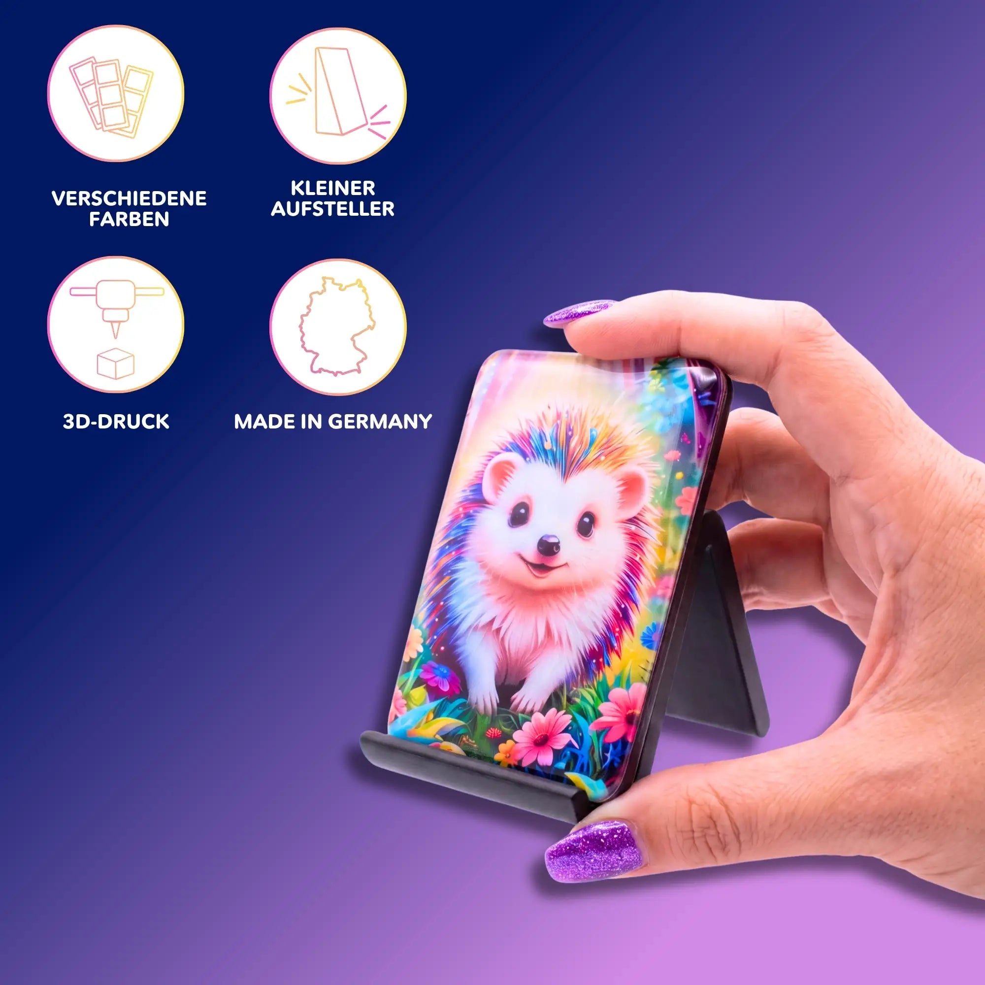 3D-gedruckter Diamond Painting Coverminder Aufsteller aus deutscher Manufaktur hält einen Igel-Coverminder
