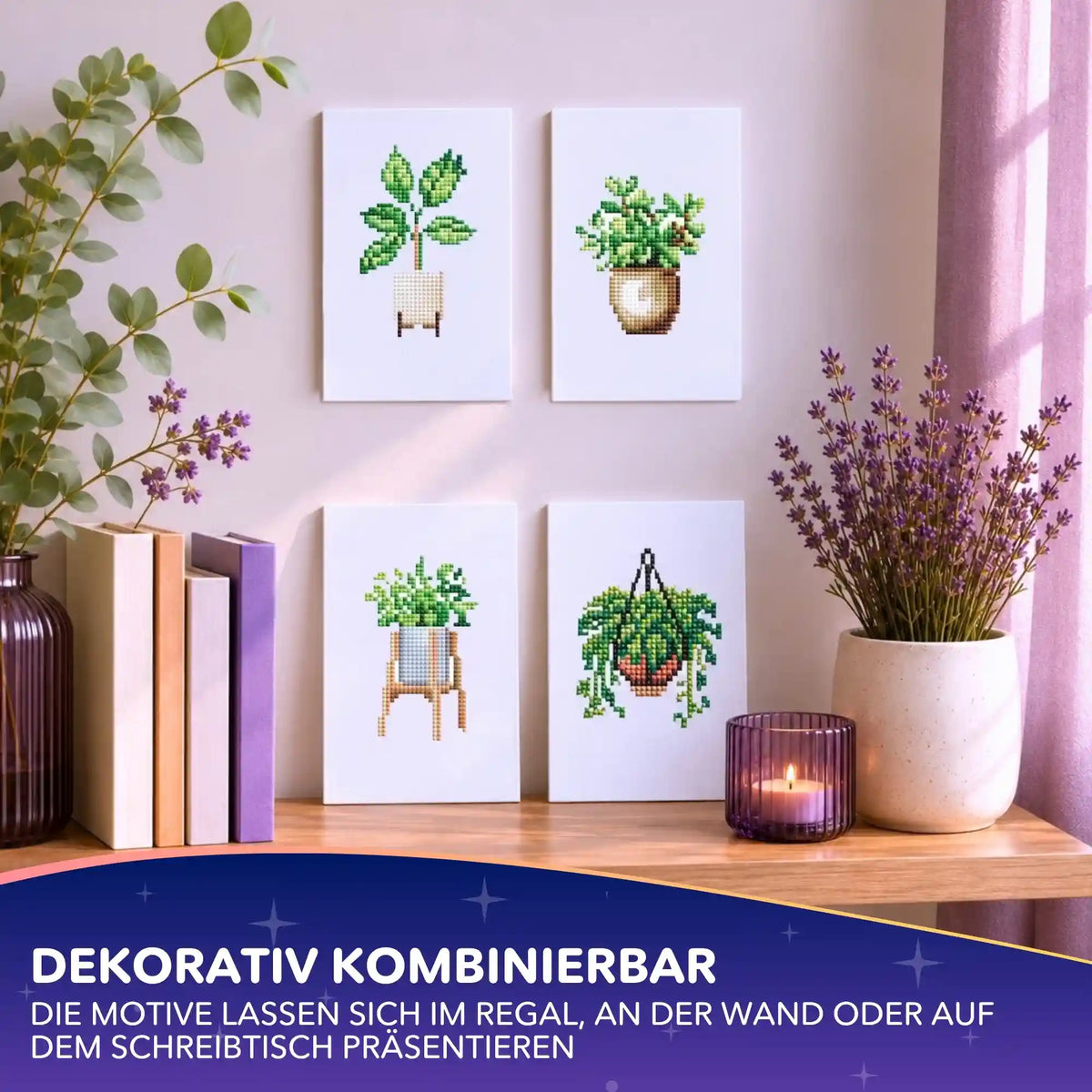 Mini Diamond Painting Pflanzen: Vier kleine Leinwände mit Topfpflanzen als stilvolle DIY-Dekoration an der Wand.