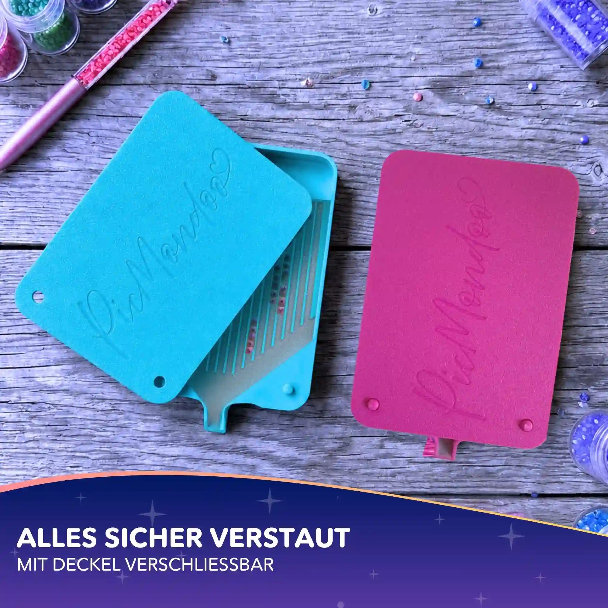 Picmondoo 3D-Druck Diamond Painting Schiffchen in Blau und Pink mit praktischem Verschlussdeckel für Diamanten