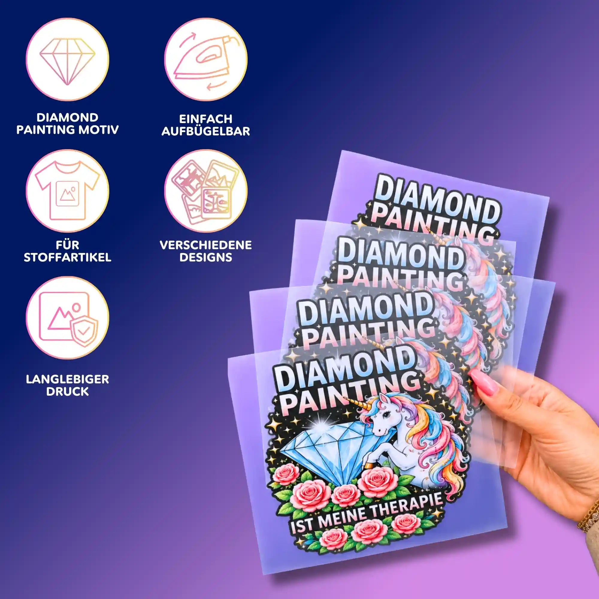 4er Set Diamond Painting Bügelbilder mit Einhorn-Motiv für Stofftaschen und T-Shirts, einfaches DIY-Textil-Zubehör