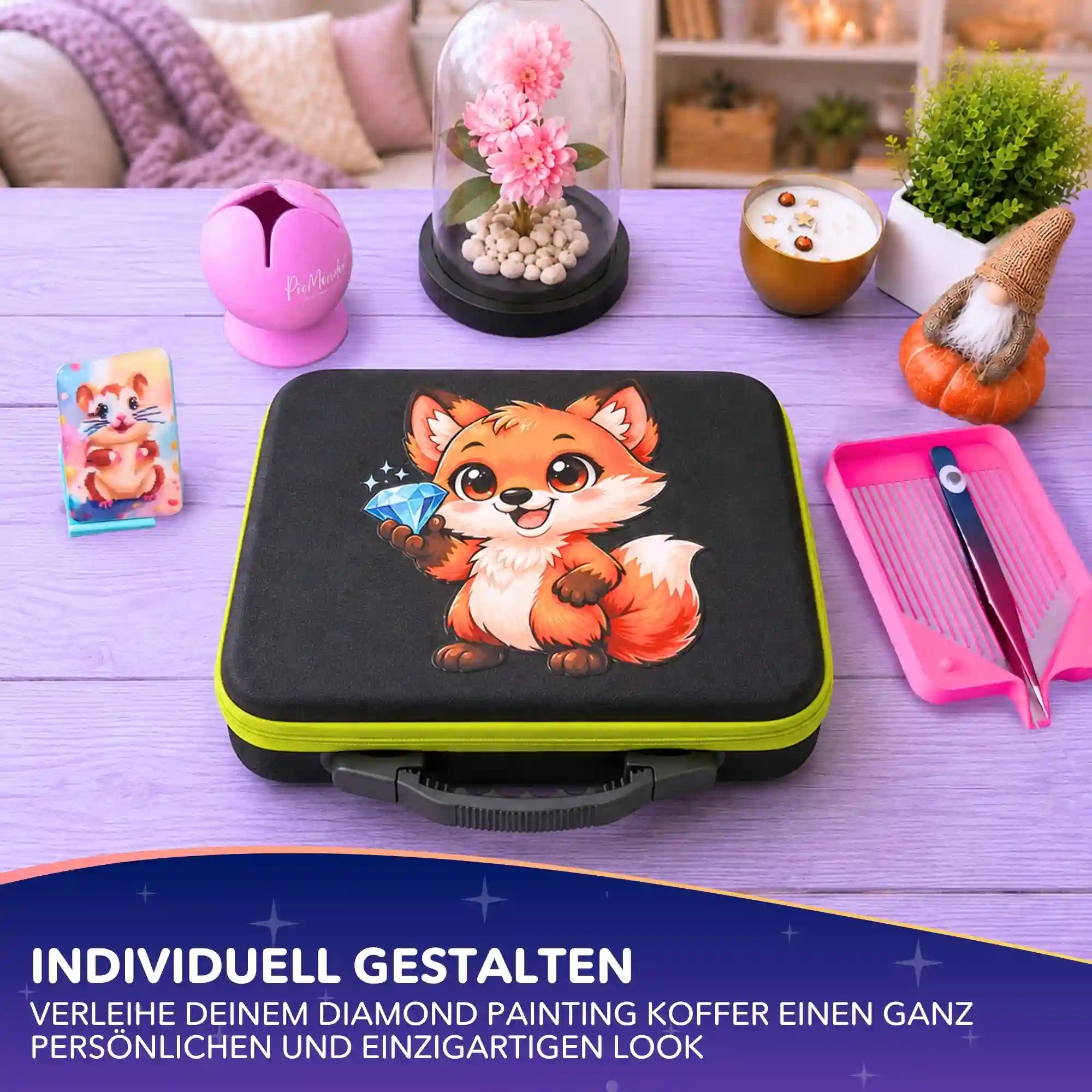 Diamond Painting Bügelbild mit Fuchs Motiv auf einem schwarzen Zubehör-Koffer zur individuellen Gestaltung von Textilien