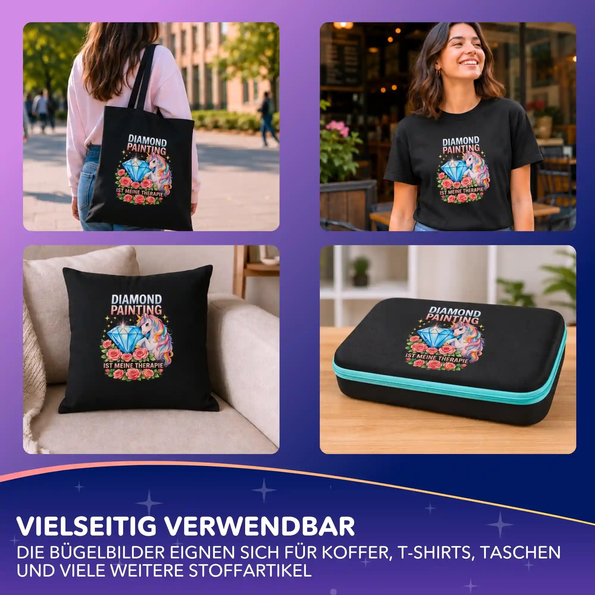 Diamond Painting Bügelbild mit Einhorn-Motiv auf T-Shirt, Stofftasche, Kissen und Zubehörkoffer personalisiert