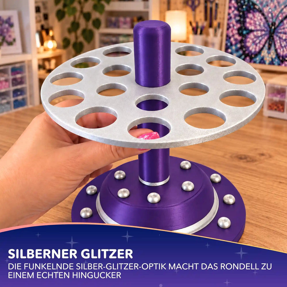 Picmondoo 3D Stifterondell in Lila & Glitzersilber – praktischer Diamond Painting Zubehör Organizer für Stifte.